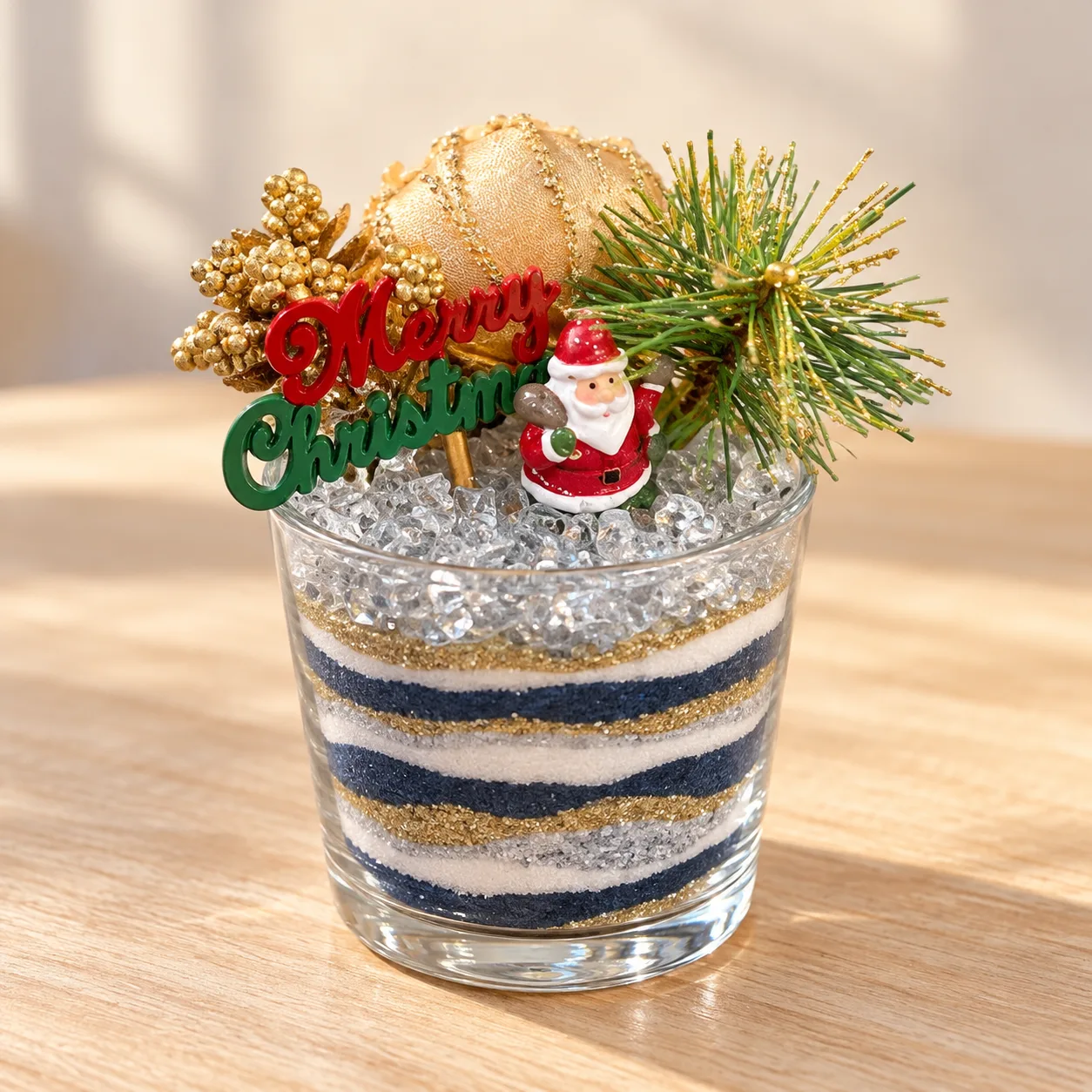ネイビーとゴールドのストライプのクリスマスサンド(サンタとMerry Christmas)
