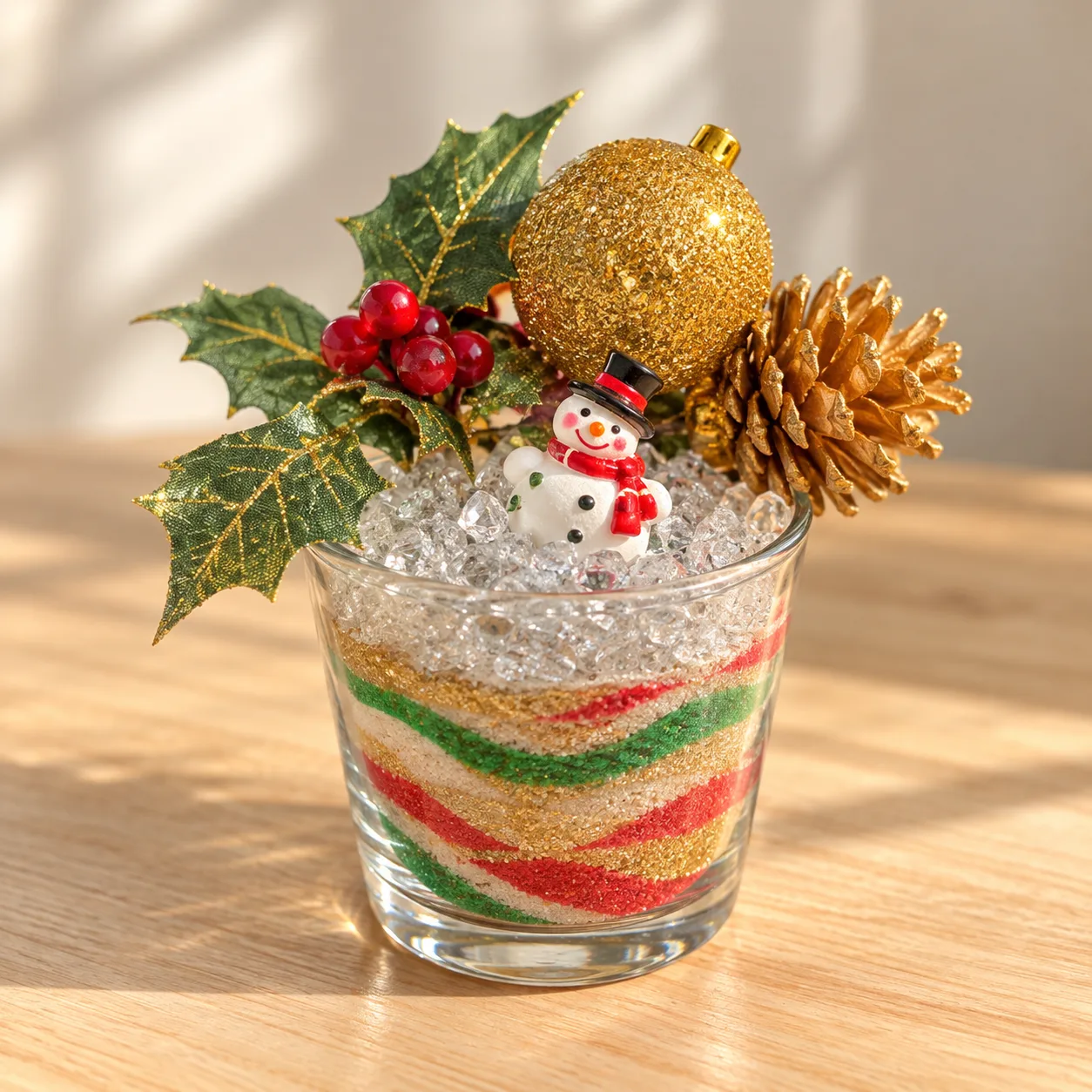 スノーマンとヒイラギを飾った赤緑ゴールドのクリスマスサンド
